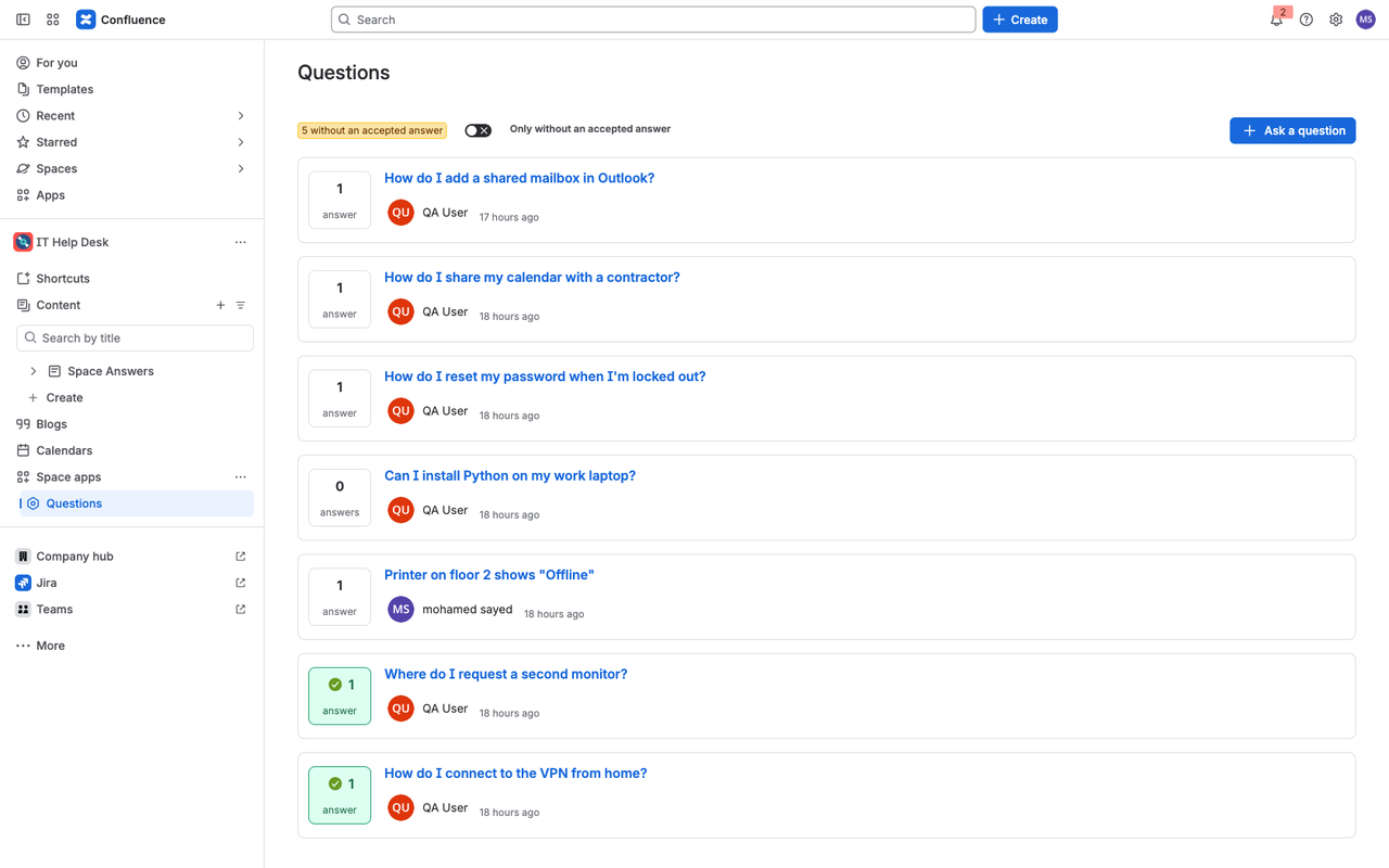 The Questions page